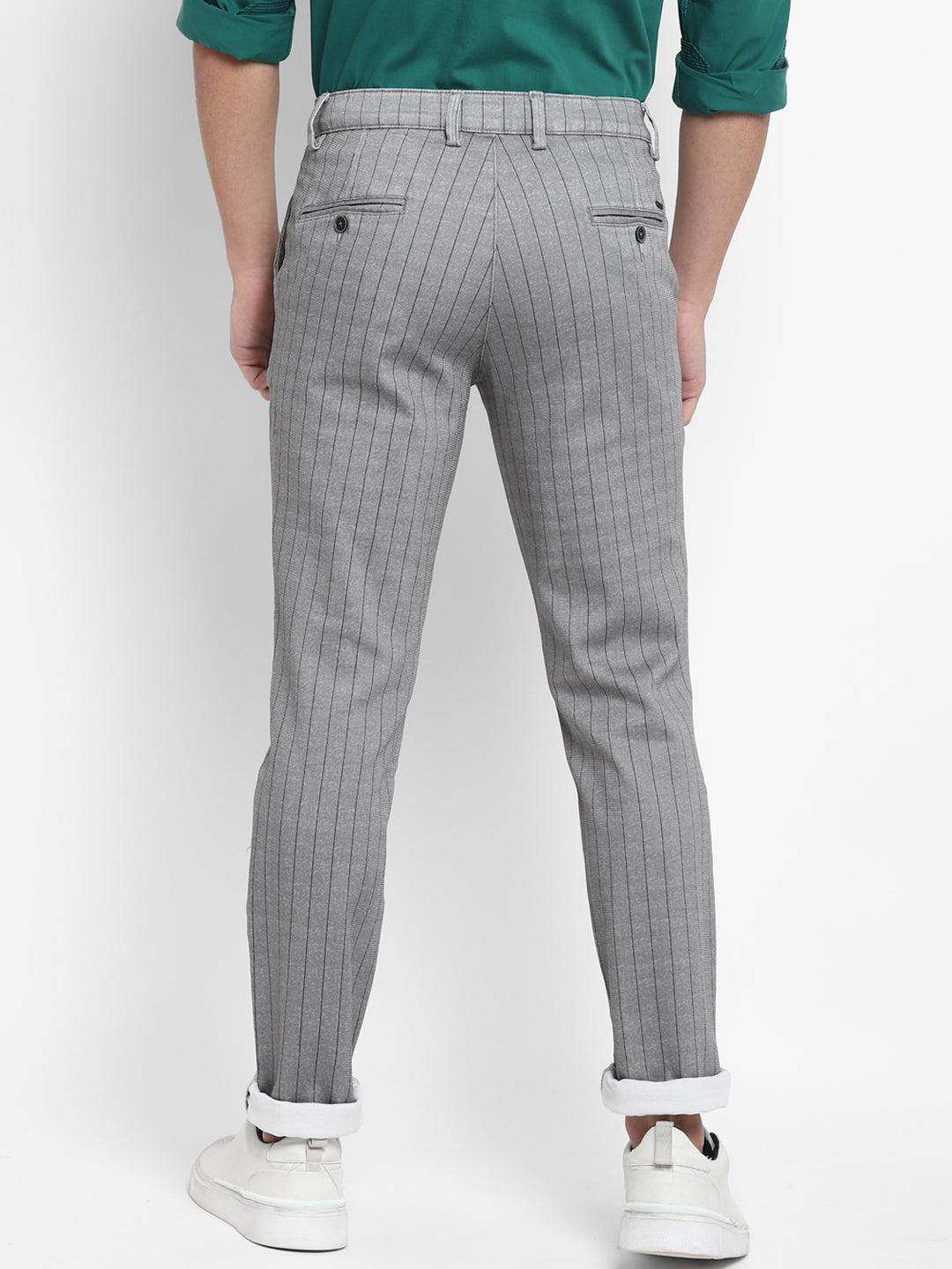 Cotton Stretch Grey Striped Narrow Fit Flat Front Casual Trouser