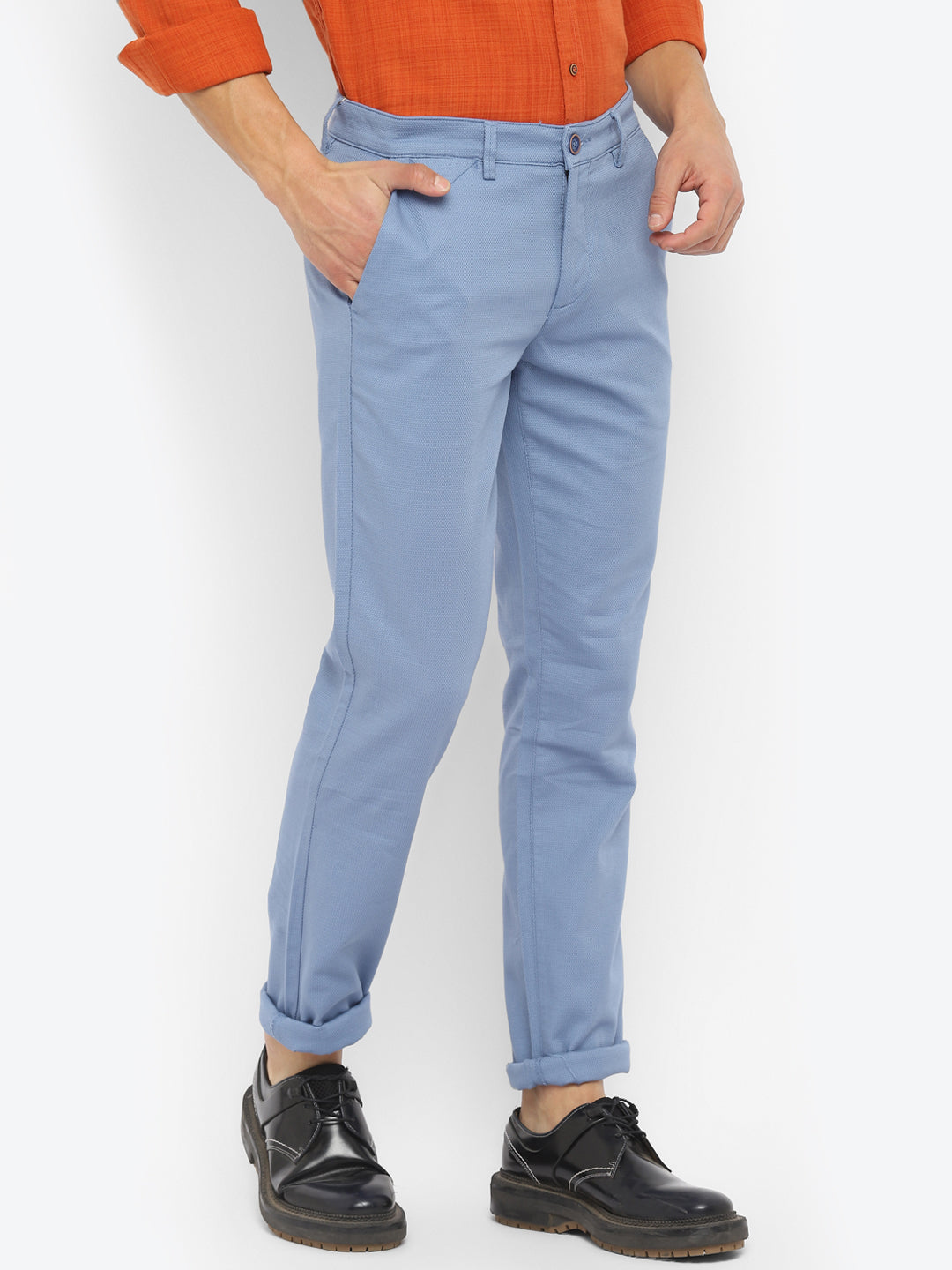 Cotton Stretch Blue Dobby Ultra Slim Fit Flat Front Casual Trouser