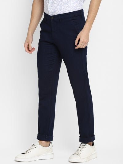 Cotton Stretch Navy Blue Dobby Ultra Slim Fit Flat Front Casual Trouser