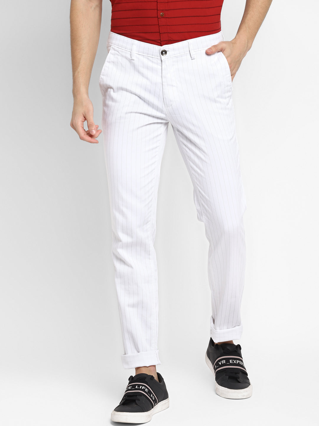 Cotton Stretch White Striped Narrow Fit Flat Front Casual Trouser