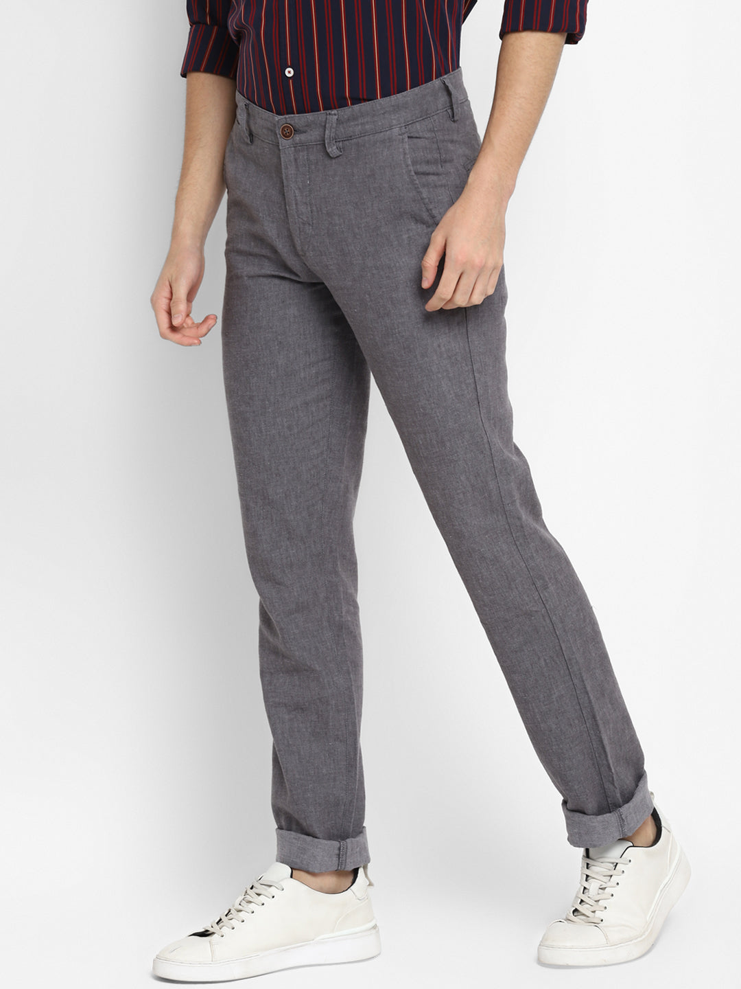 Cotton Linen Grey Plain Ultra Slim Fit Flat Front Casual Trouser