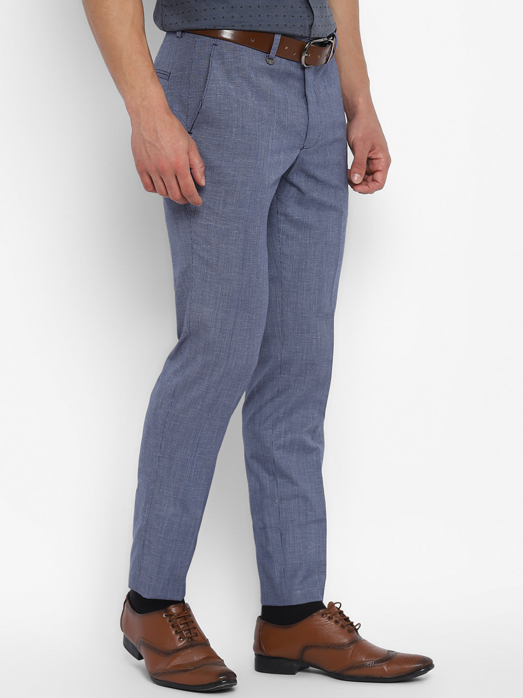 Linen Blue Self Design Slim Fit Trouser