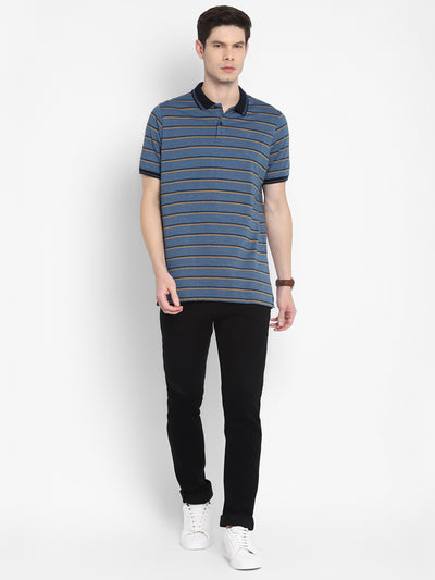 Knitted Light Blue Striped Polo Neck Half Sleeve Casual T-Shirt