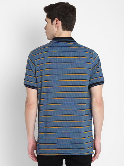 Knitted Light Blue Striped Polo Neck Half Sleeve Casual T-Shirt