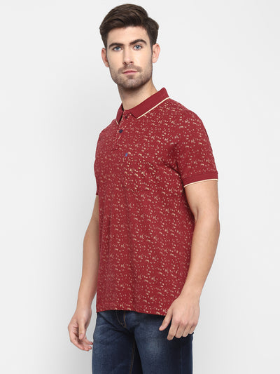 100% Cotton Red Printed Polo Neck Half Sleeve Casual T-Shirt