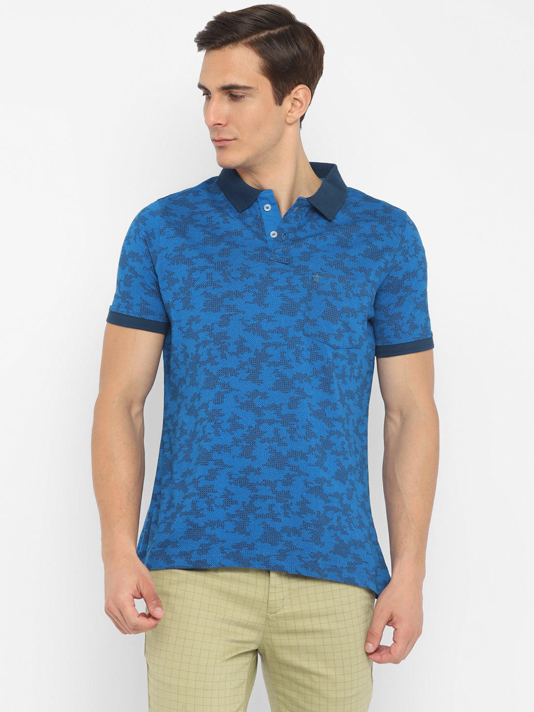 Turtle Men Blue Printed Polo Neck T-Shirts