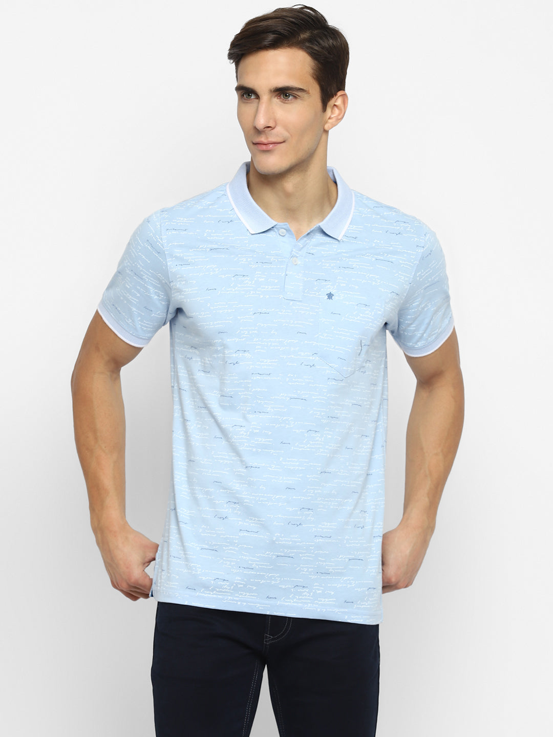 100% Cotton Sky Blue Printed Polo Neck Half Sleeve Casual T-Shirt