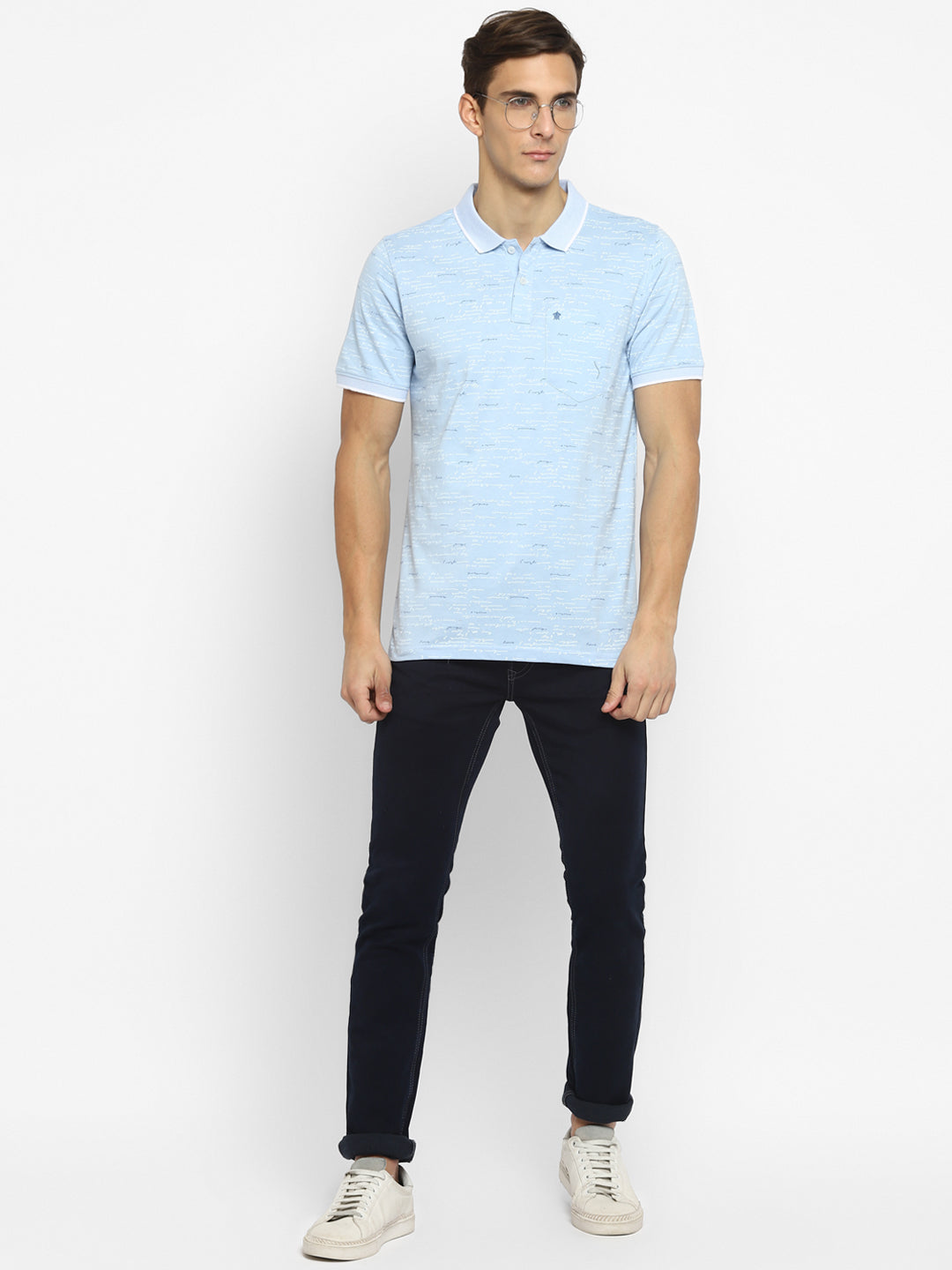 100% Cotton Sky Blue Printed Polo Neck Half Sleeve Casual T-Shirt