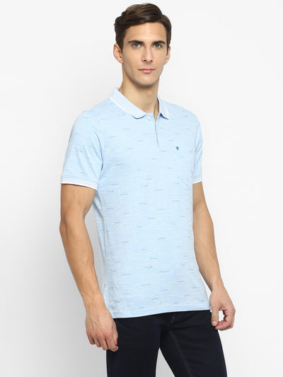 100% Cotton Sky Blue Printed Polo Neck Half Sleeve Casual T-Shirt