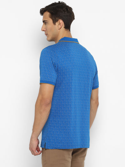 100% Cotton Blue Printed Polo Neck Half Sleeve Casual T-Shirt