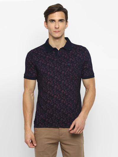 100% Cotton Navy Blue Printed Polo Neck Half Sleeve Casual T-Shirt
