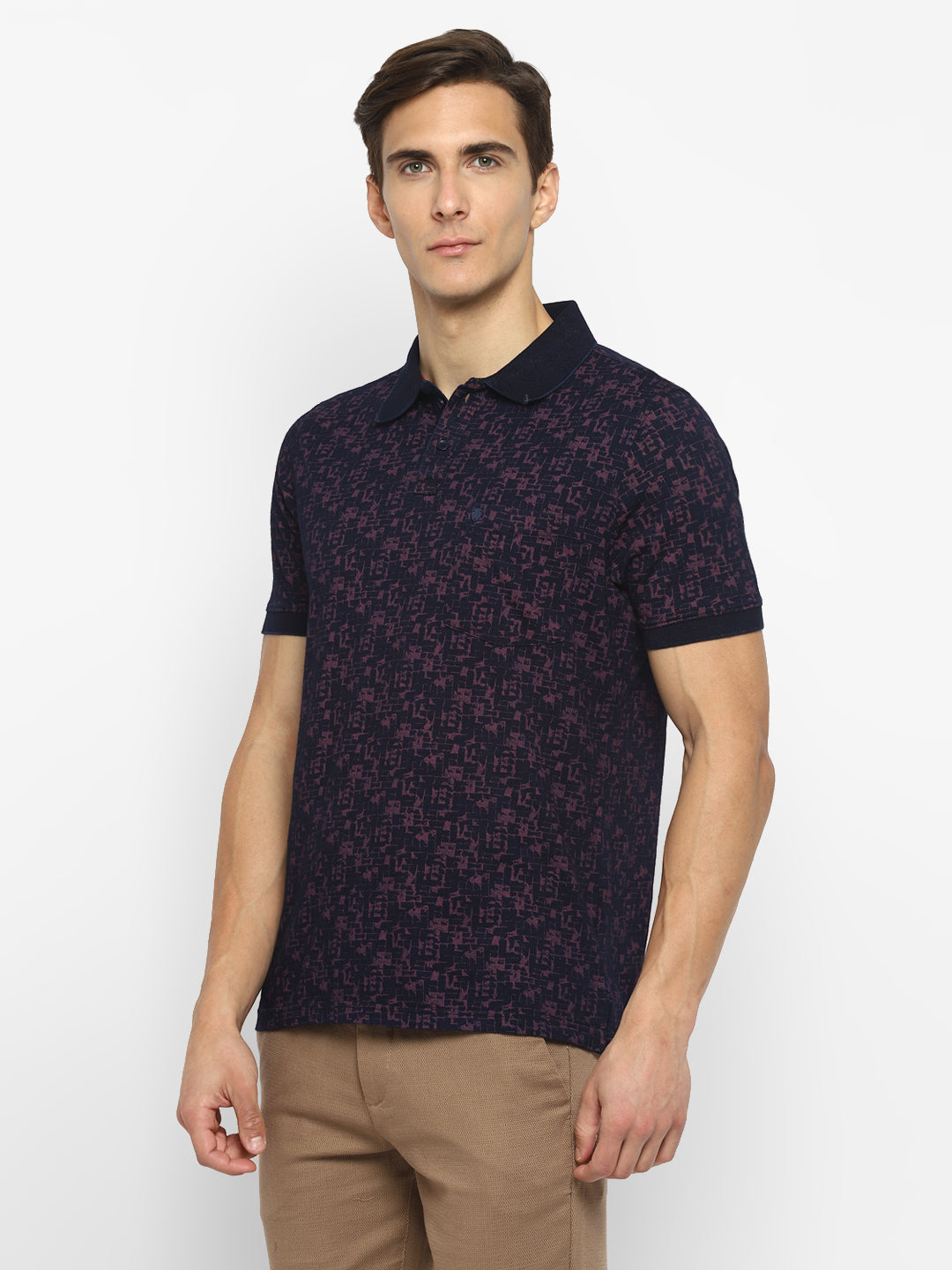 100% Cotton Navy Blue Printed Polo Neck Half Sleeve Casual T-Shirt
