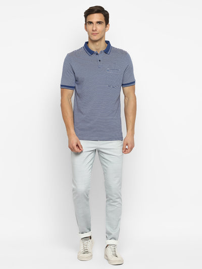 100% Cotton Indigo White Striped Polo Neck Half Sleeve Casual T-Shirt