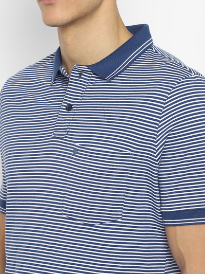100% Cotton Indigo White Striped Polo Neck Half Sleeve Casual T-Shirt