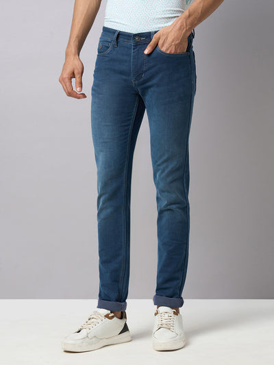 Cotton Stretch Indigo Blue Plain Narrow Fit Flat Front Casual Jeans
