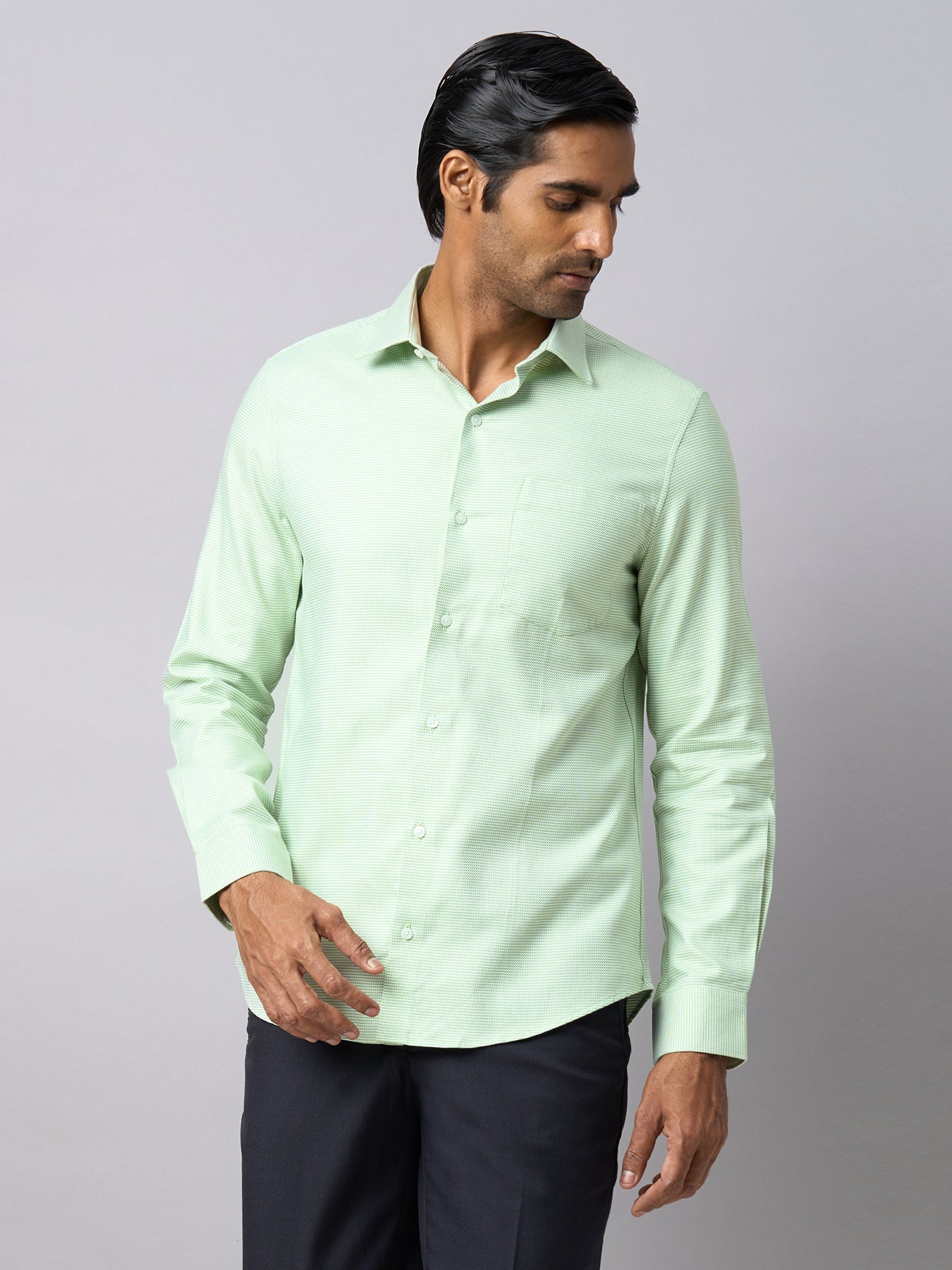 100% Cotton Light Green Dobby Slim Fit Full Sleeve Formal Shirt