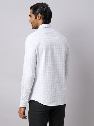 Giza Cotton Light Grey Checkered Slim Fit Full Sleeve Formal Shirt