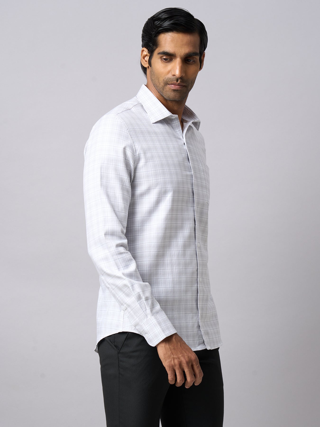 Giza Cotton Light Grey Checkered Slim Fit Full Sleeve Formal Shirt