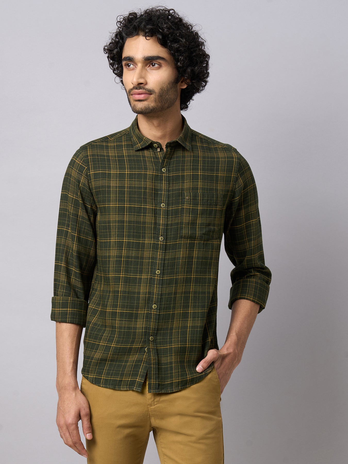 Cotton Lyocell Olive Checkered Slim Fit Full Sleeve Casual Shirt