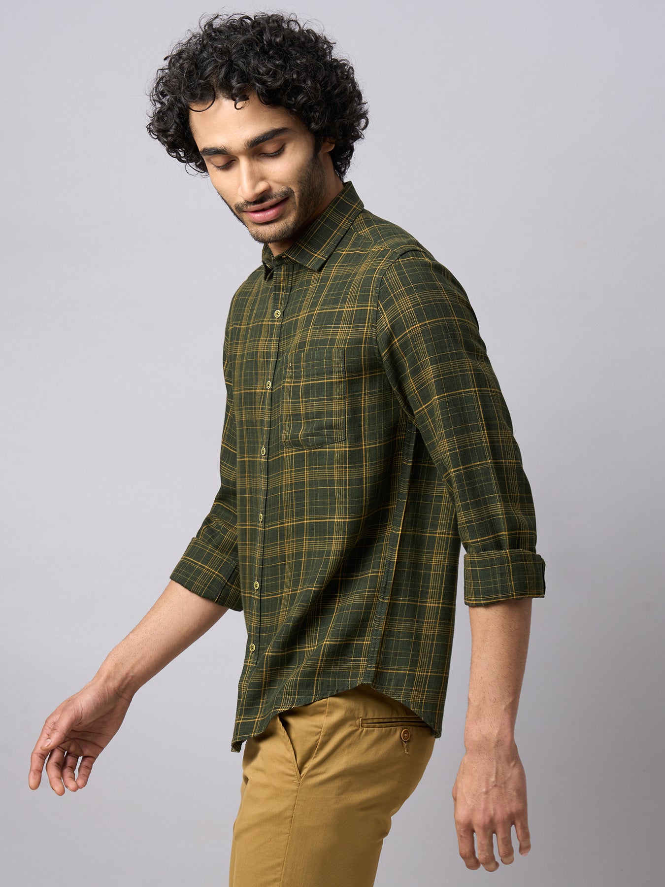 Cotton Lyocell Olive Checkered Slim Fit Full Sleeve Casual Shirt