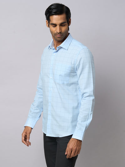 100% Cotton Sky Blue Checkered Slim Fit Full Sleeve Formal Shirt