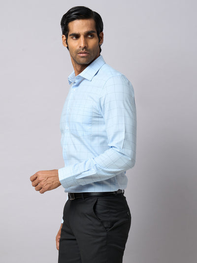 100% Cotton Sky Blue Checkered Slim Fit Full Sleeve Formal Shirt