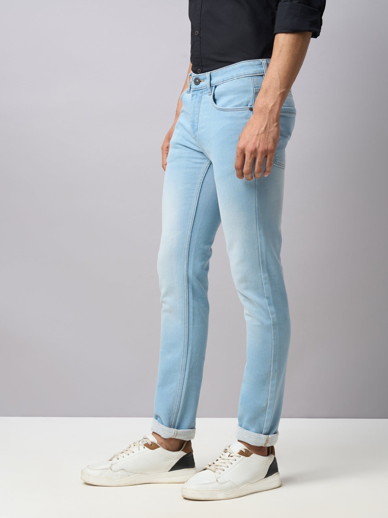 Cotton Stretch Ice Blue Plain Narrow Fit Flat Front Casual Jeans