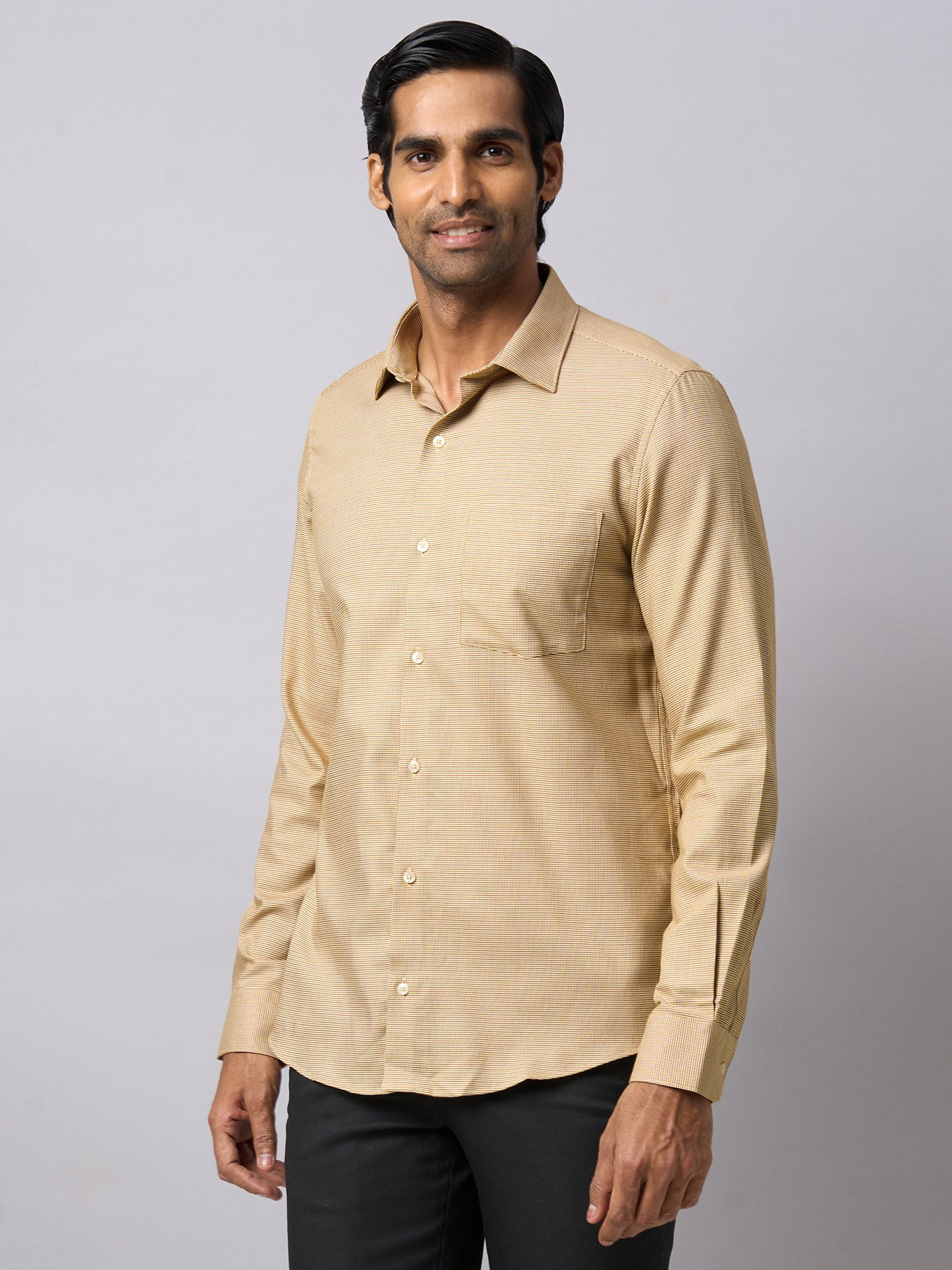 100% Cotton Khaki Dobby Slim Fit Full Sleeve Formal Shirt