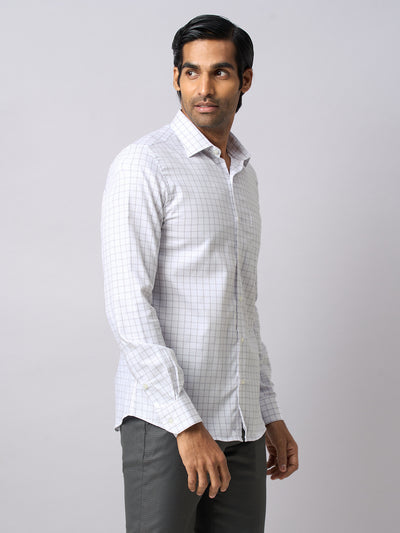 100% Cotton White Checkered Slim Fit Full Sleeve Formal Shirt