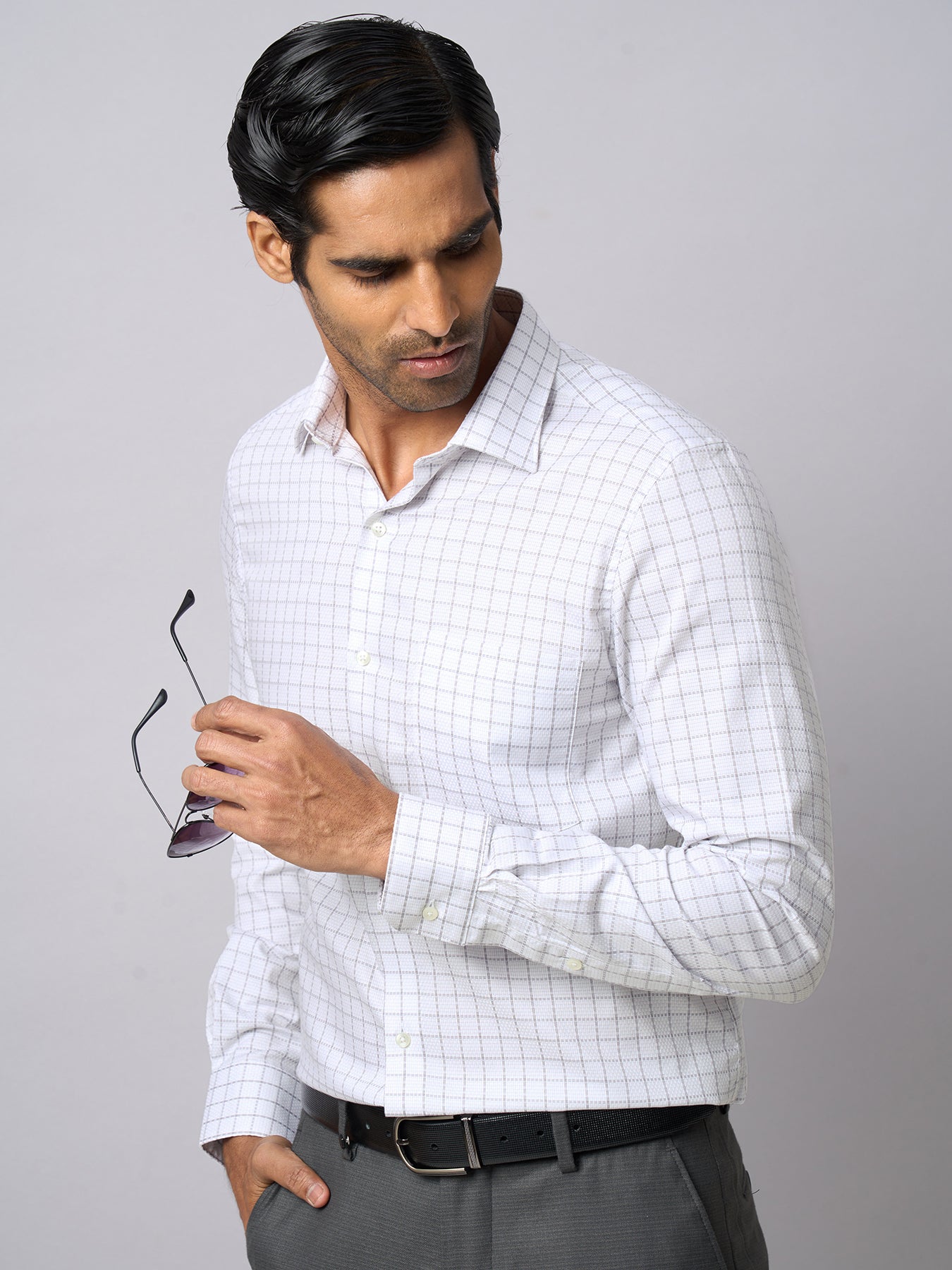 100% Cotton White Checkered Slim Fit Full Sleeve Formal Shirt