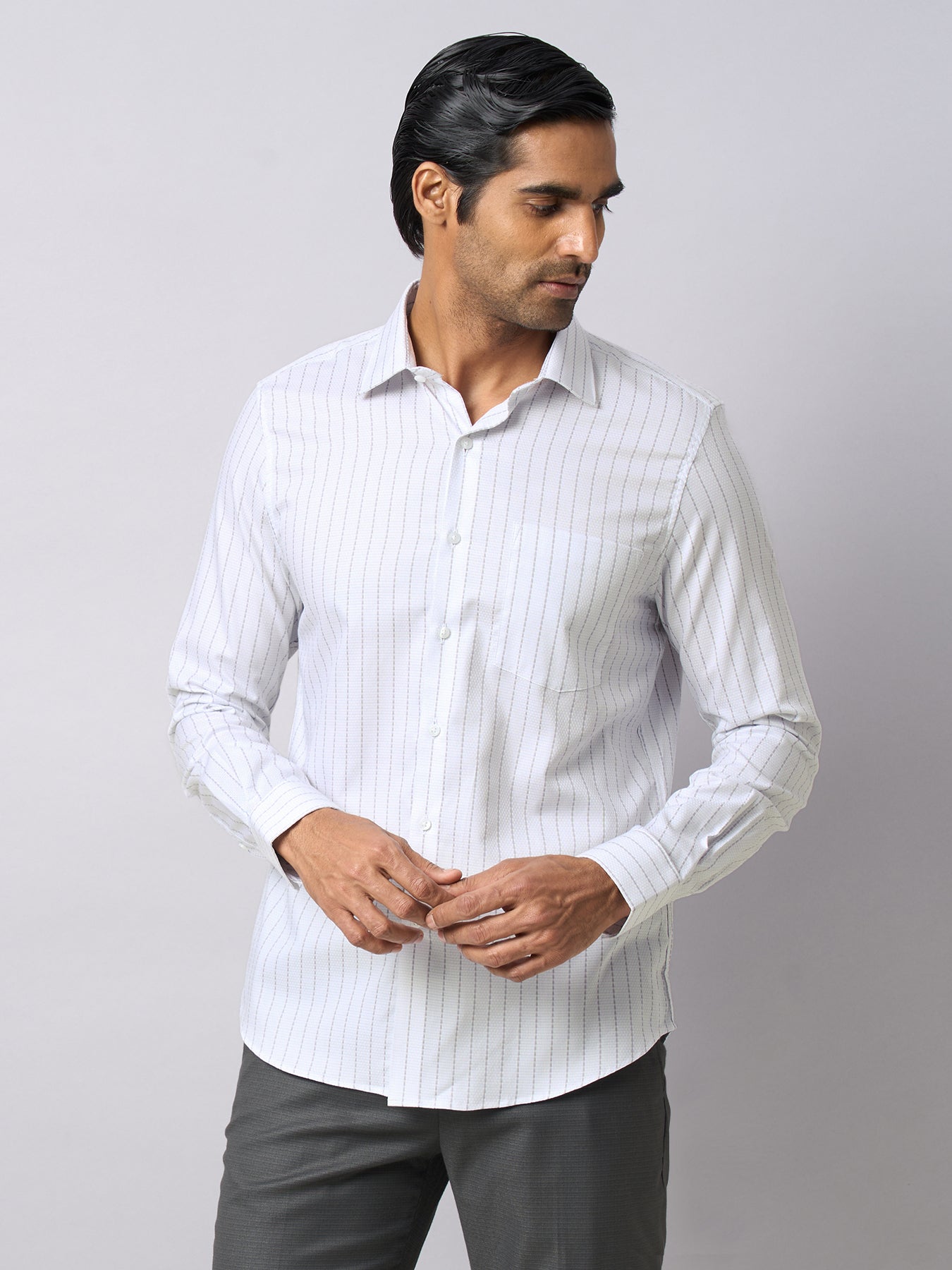 100% Cotton White Striped Slim Fit Full Sleeve Formal Shirt