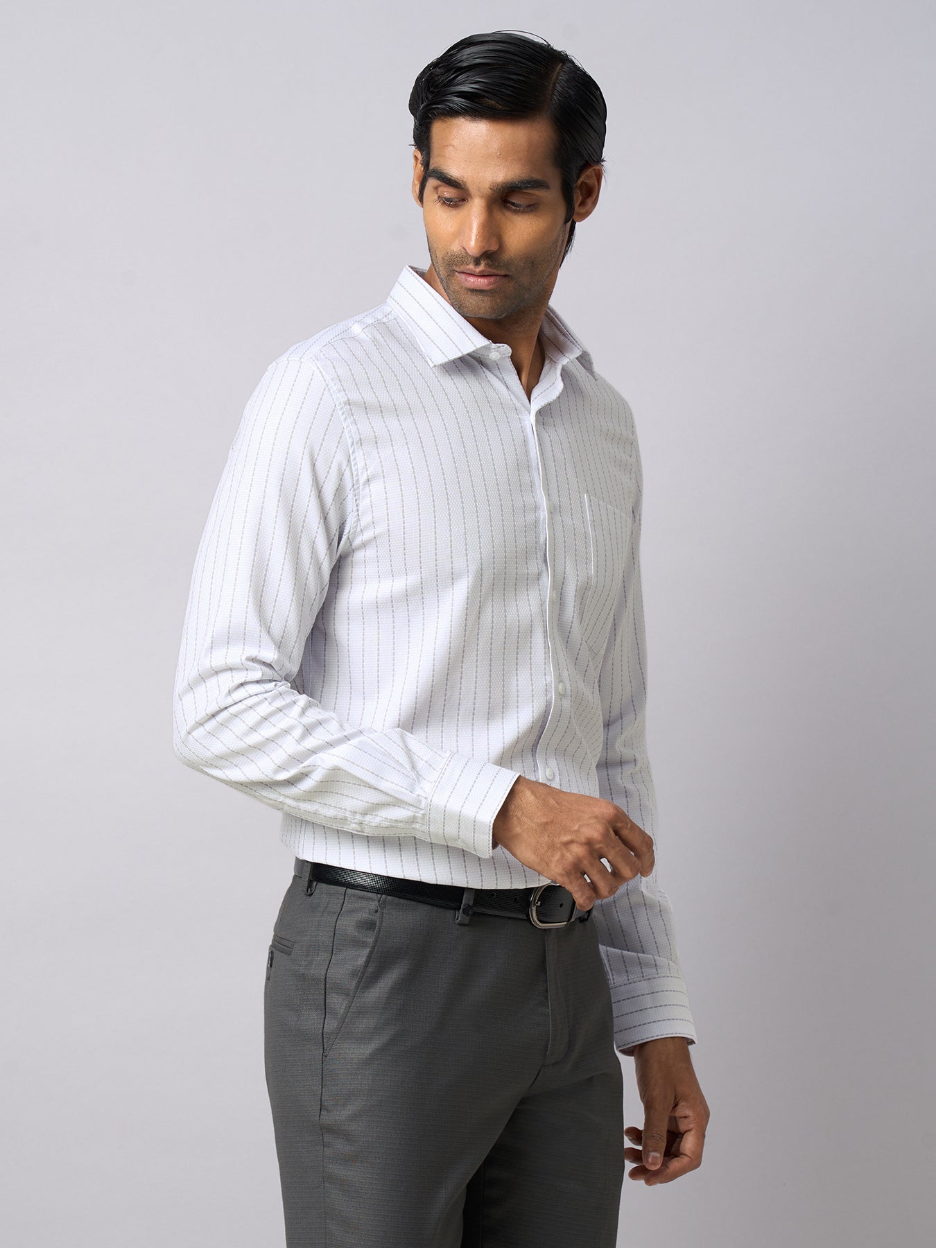 100% Cotton White Striped Slim Fit Full Sleeve Formal Shirt