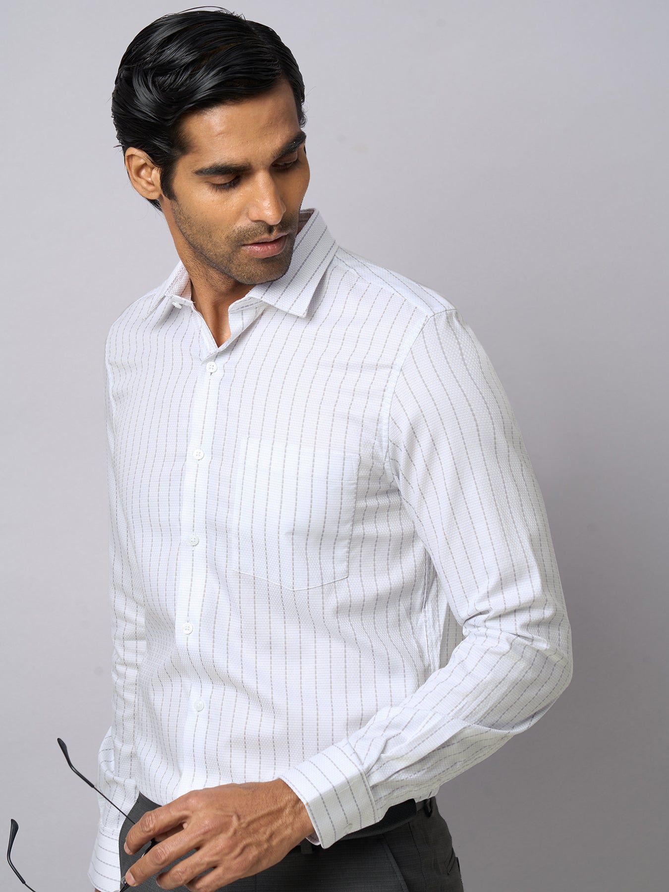 100% Cotton White Striped Slim Fit Full Sleeve Formal Shirt