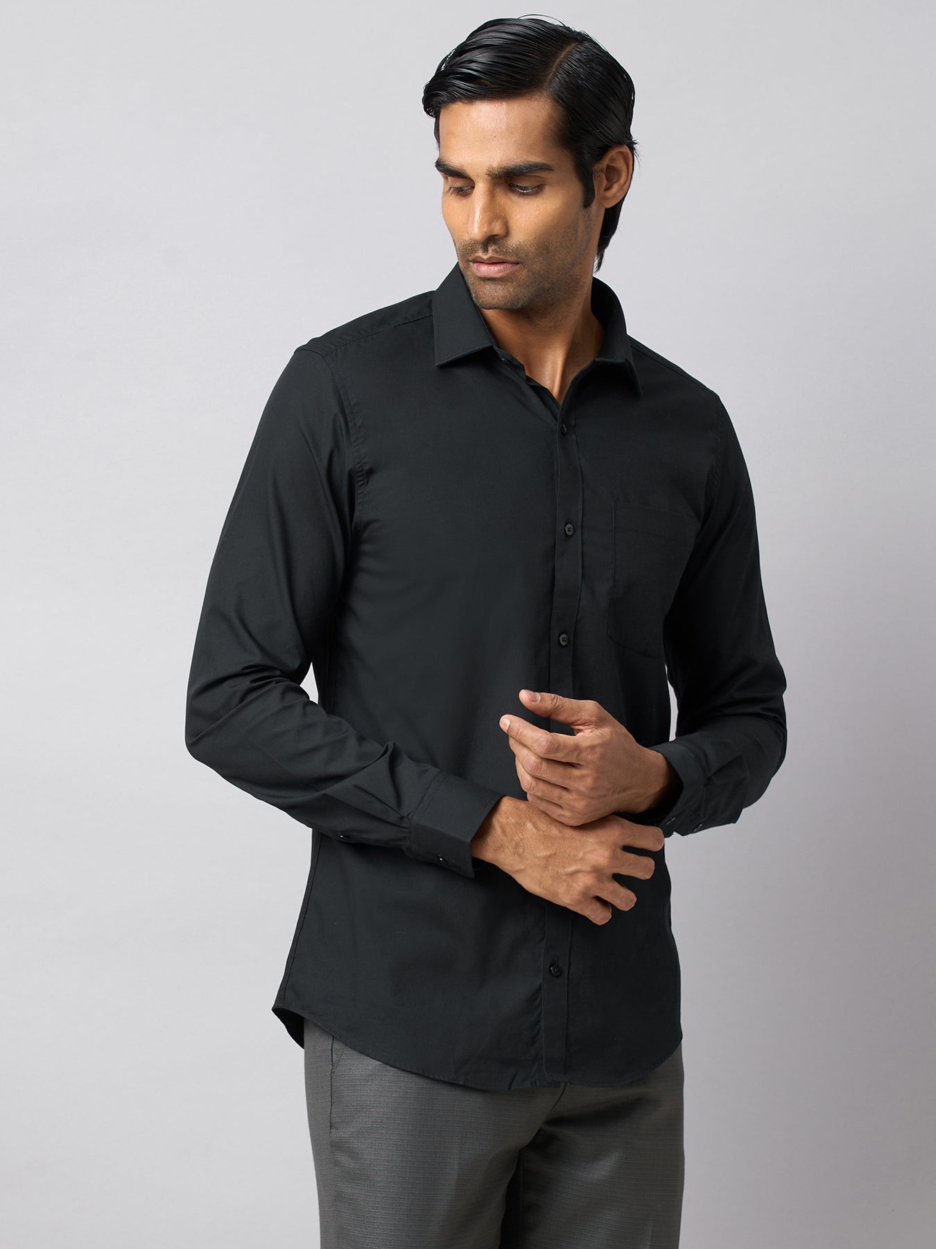 100% Cotton Black Plain Slim Fit Full Sleeve Formal Shirt