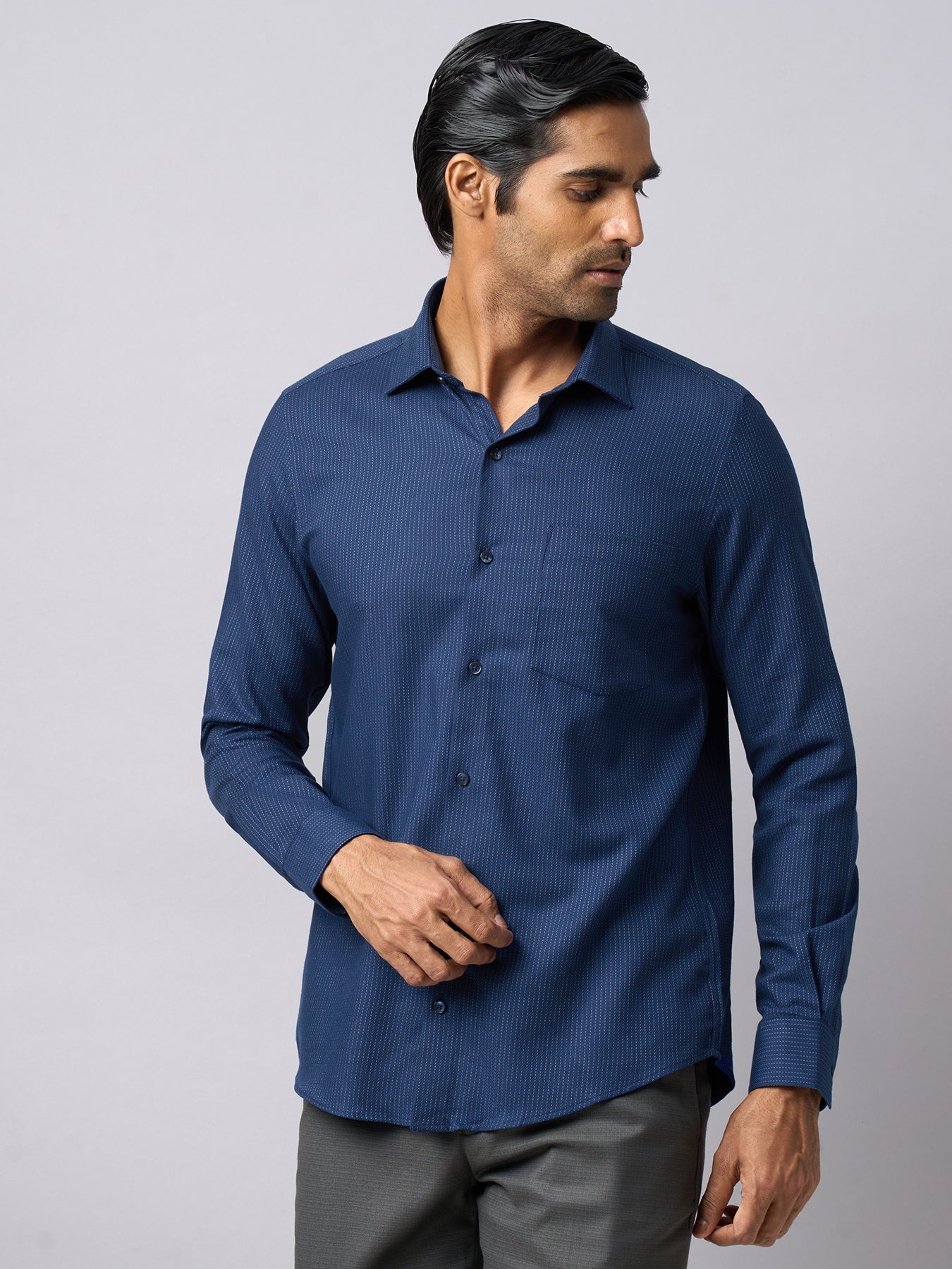 100% Cotton Navy Blue Striped Slim Fit Full Sleeve Formal Shirt