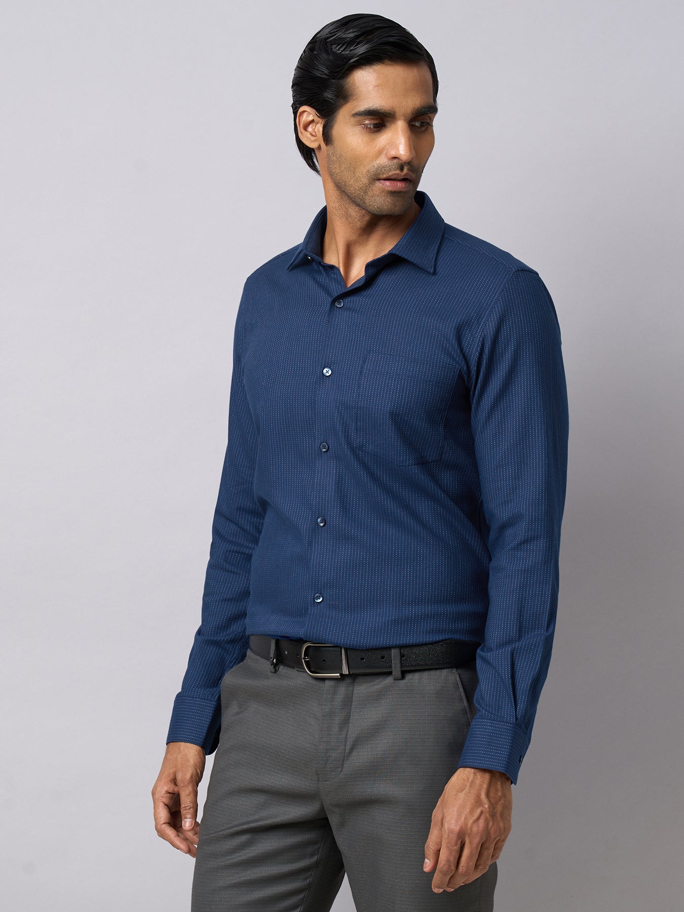 100% Cotton Navy Blue Striped Slim Fit Full Sleeve Formal Shirt