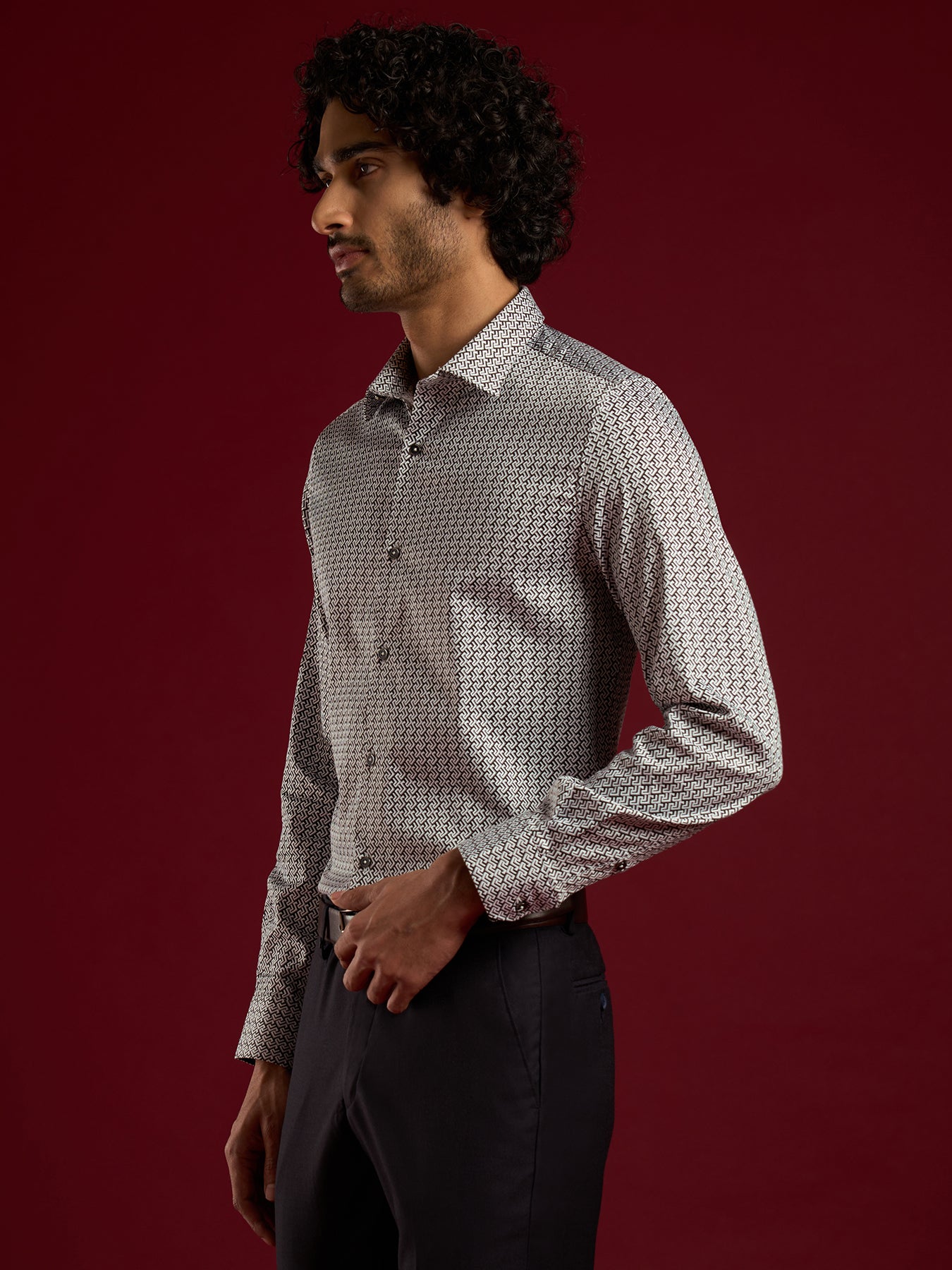 Poly Cotton Stretch Grey Printed Slim Fit Full Sleeve Ceremonial Shirt