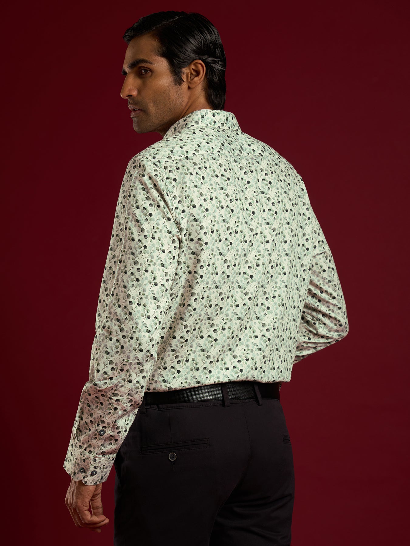 Cotton Tencel Light Green Printed Slim Fit Full Sleeve Ceremonial Shirt