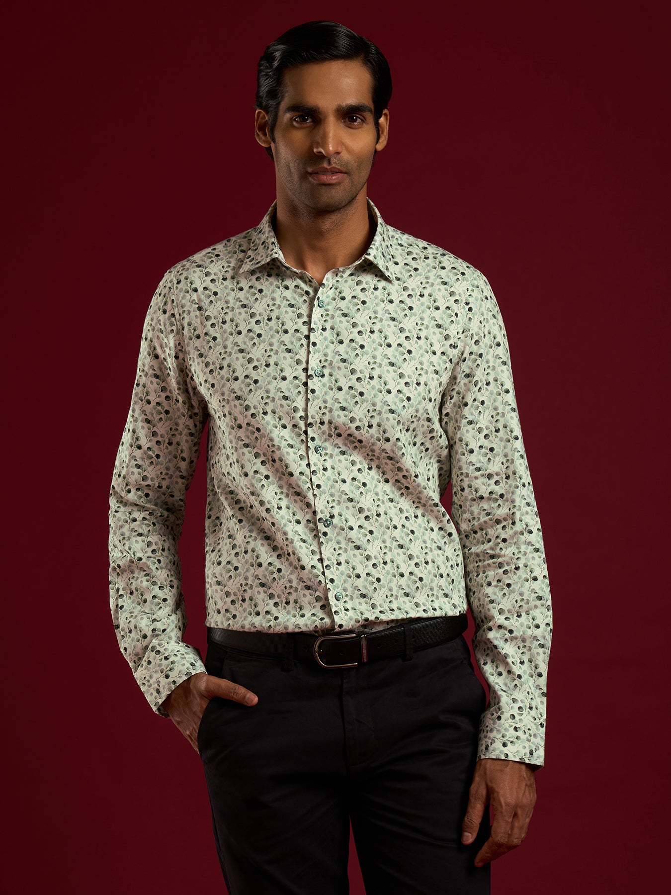 Cotton Tencel Light Green Printed Slim Fit Full Sleeve Ceremonial Shirt