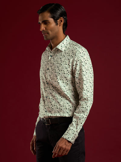 Cotton Tencel Light Green Printed Slim Fit Full Sleeve Ceremonial Shirt