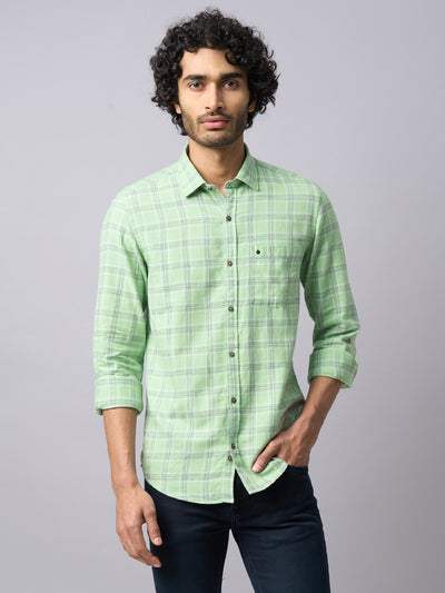 100% Cotton Pista Green Checkered Slim Fit Full Sleeve Casual Shirt