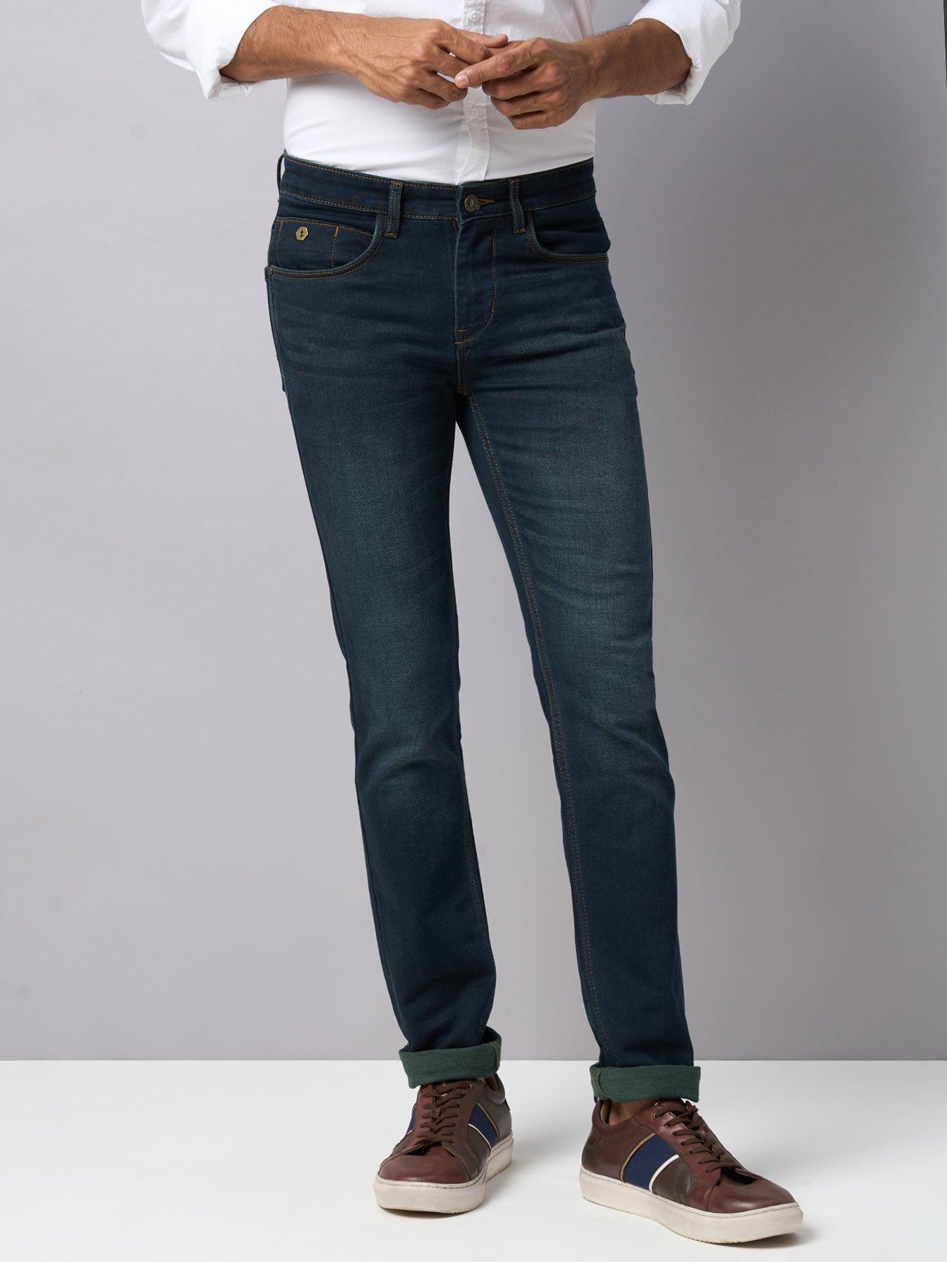 Cotton Stretch Deep Ocean Plain Narrow Fit Flat Front Casual Jeans