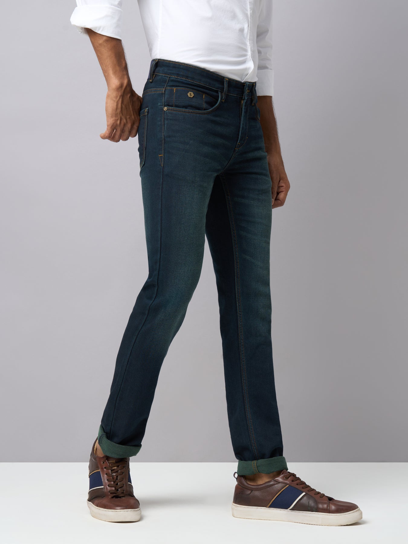 Cotton Stretch Deep Ocean Plain Narrow Fit Flat Front Casual Jeans