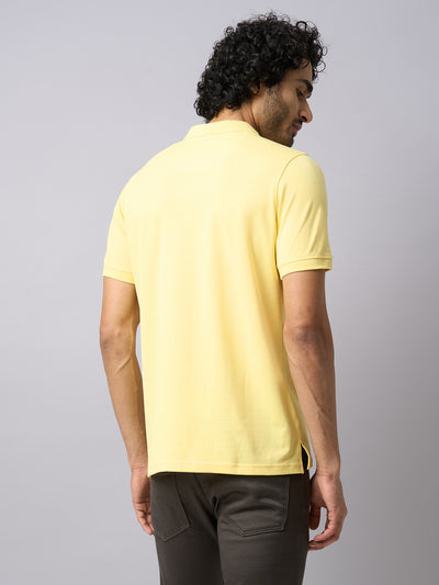 Knitted Yellow Printed Polo Neck Half Sleeve Casual T-Shirt