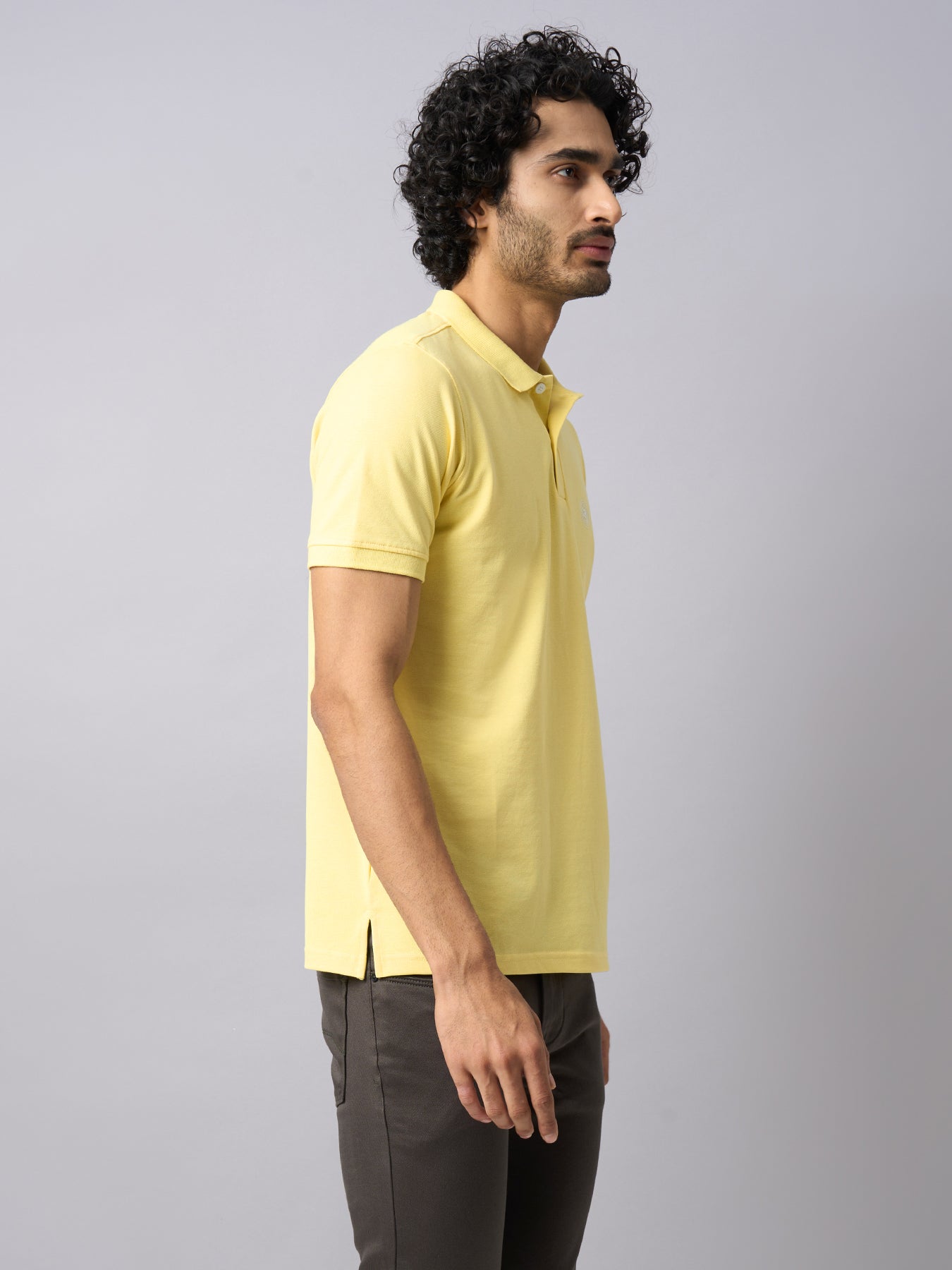 Knitted Yellow Printed Polo Neck Half Sleeve Casual T-Shirt