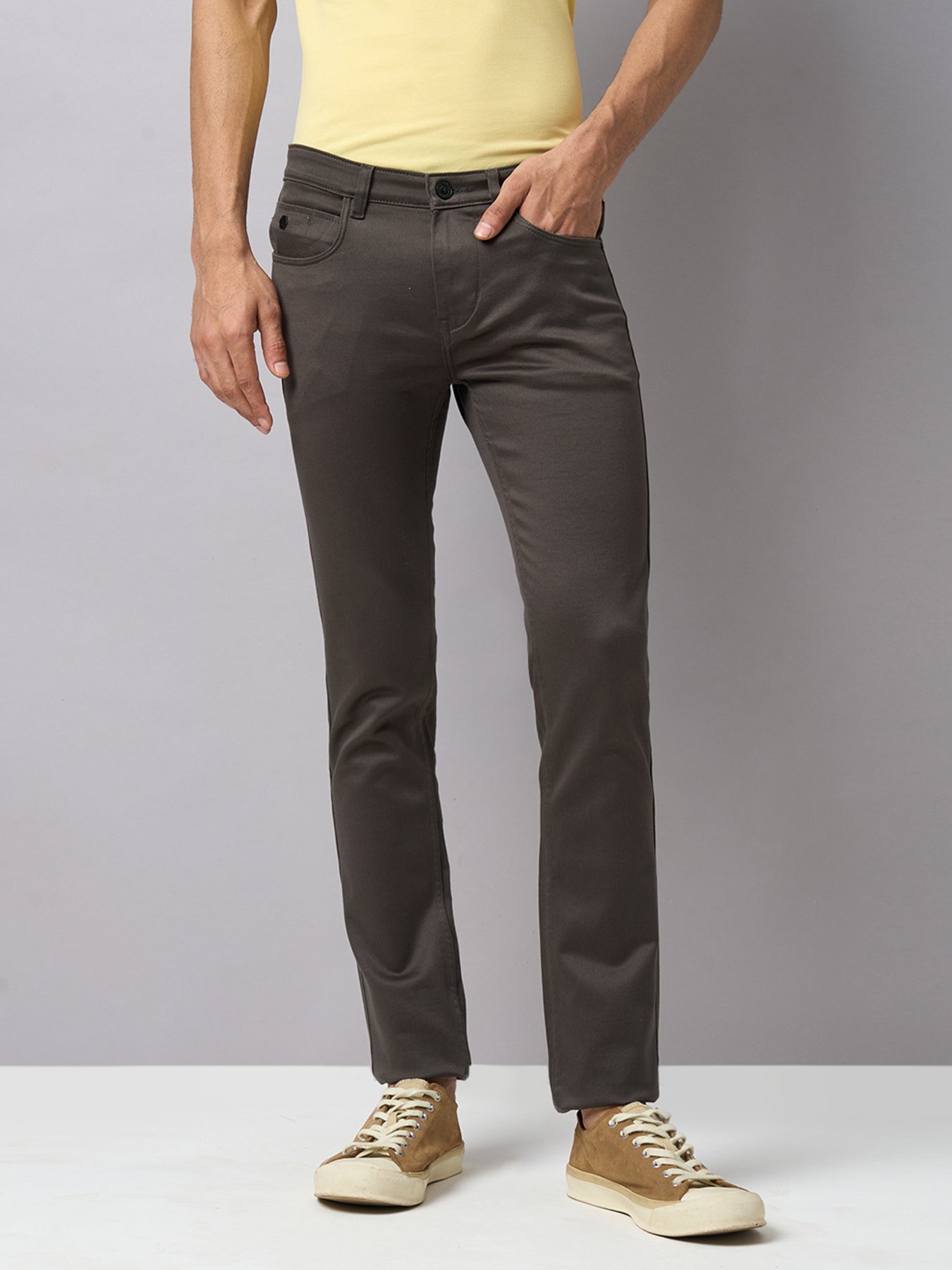 Cotton Stretch Brown Plain Narrow Fit Flat Front Casual Jeans