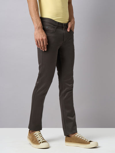 Cotton Stretch Brown Plain Narrow Fit Flat Front Casual Jeans