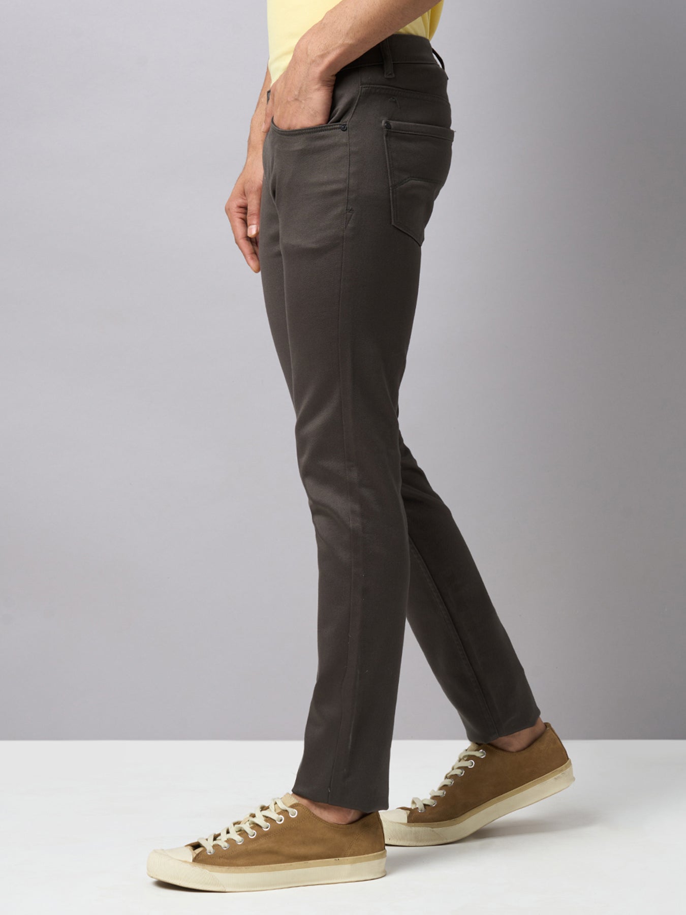 Cotton Stretch Brown Plain Narrow Fit Flat Front Casual Jeans