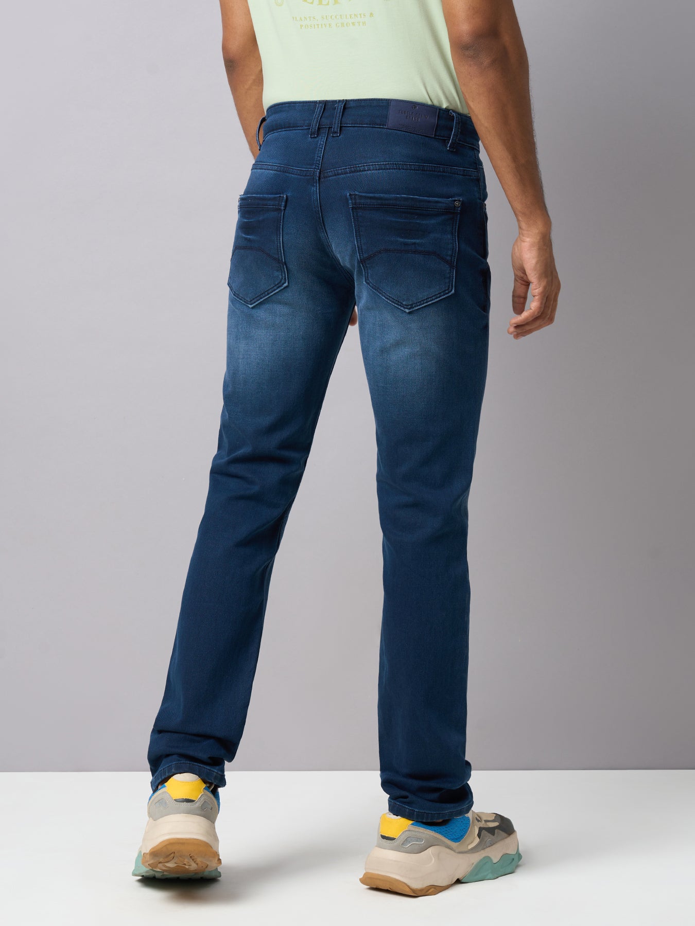 Cotton Stretch Navy Plain Straight Fit Flat Front Casual Jeans