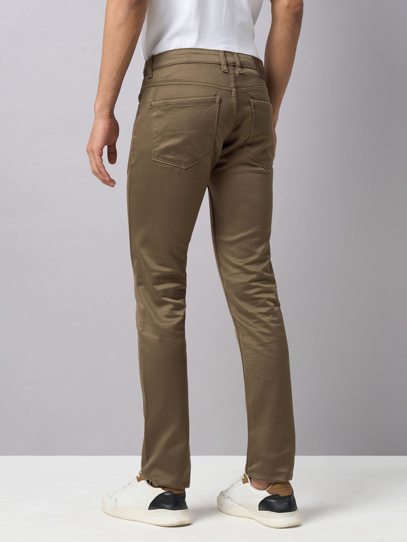 Cotton Stretch Khaki Plain Narrow Fit Flat Front Casual Jeans